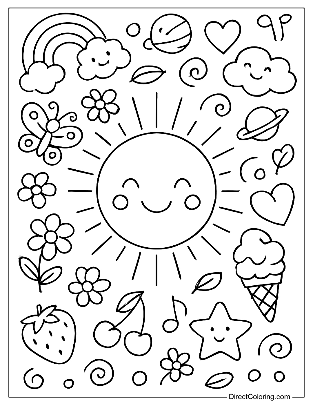 coloring page of the Sun in the center, surrounded by fun and cute doodles